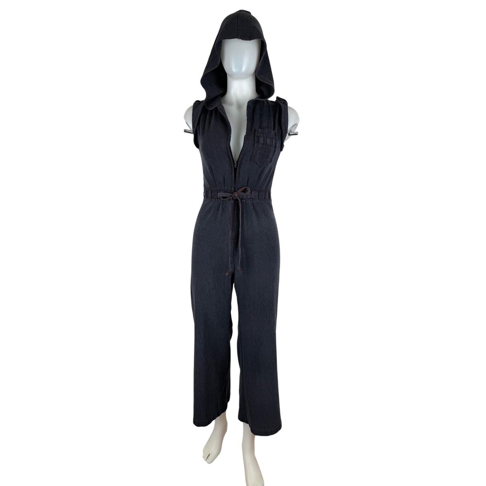 Vintage 70s Hooded Utility Jumpsuit Dark Gray Flare Pants Stitching XS FLAW